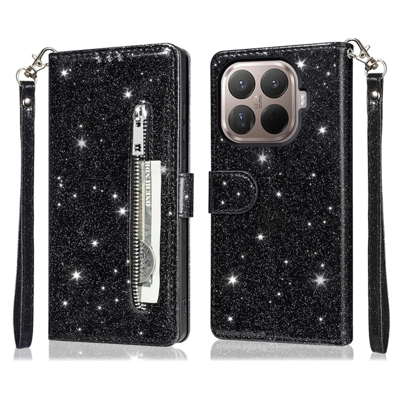 Xiaomi 15T Pro Stand Case Glitter Phone Leather Cover Zipper Pocket - Schwarz