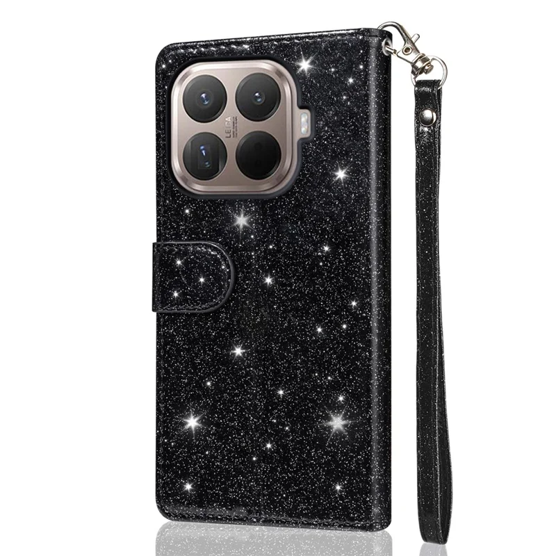 Xiaomi 15T Pro Stand Case Glitter Phone Leather Cover Zipper Pocket - Schwarz