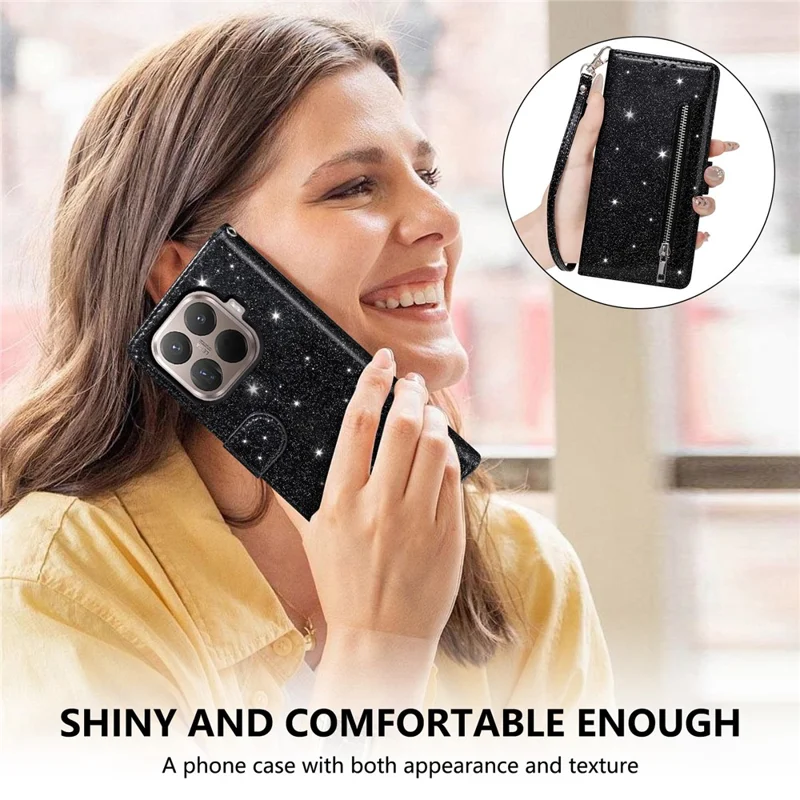 Xiaomi 15T Pro Stand Case Glitter Phone Leather Cover Zipper Pocket - Schwarz