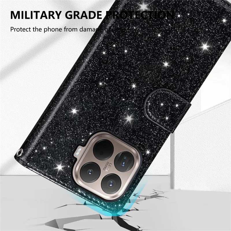 Xiaomi 15T Pro Stand Case Glitter Phone Leather Cover Zipper Pocket - Schwarz
