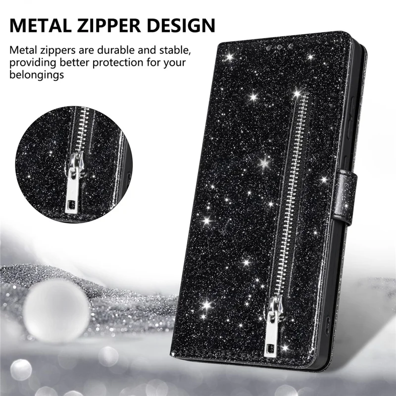 Xiaomi 15T Pro Stand Case Glitter Phone Leather Cover Zipper Pocket - Schwarz