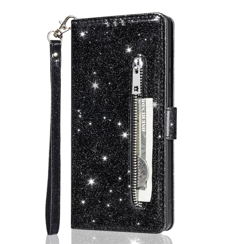 Xiaomi 15T Pro Stand Case Glitter Phone Leather Cover Zipper Pocket - Schwarz