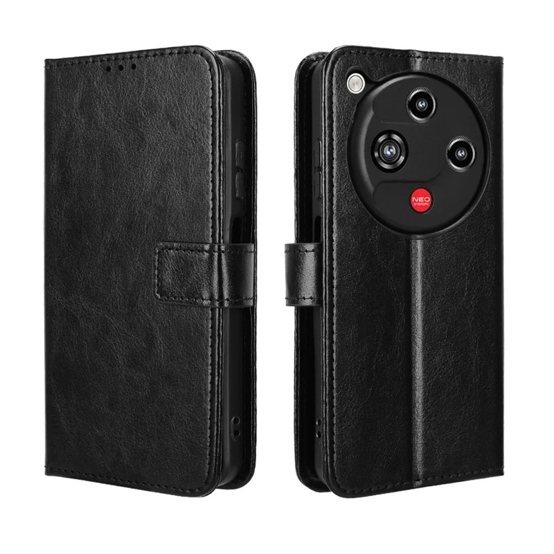 For ZTE nubia Focus 2 5G PU Leather Case with Strap Crazy Horse Texture Phone Wallet Cover - Black