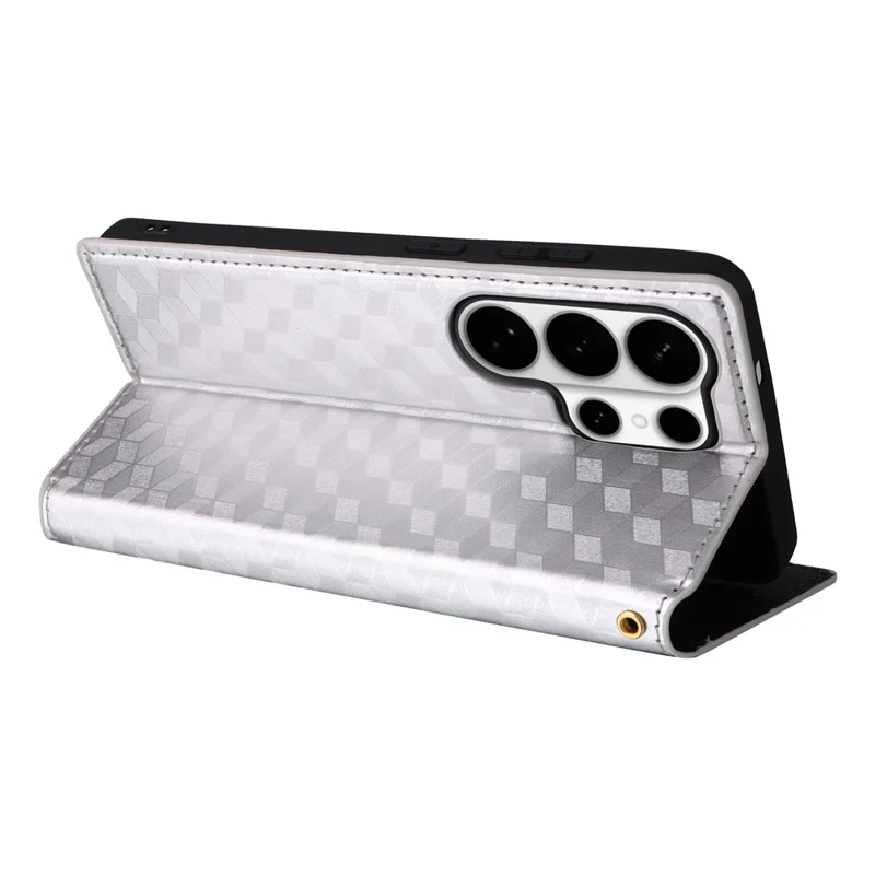 Samsung Galaxy S26 Ultra Hoesje Portemonnee Ruitstructuur Leer Telefoonhoes - Zilver