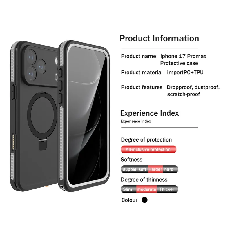 REDPEPPER Obudowa na iPhone'a 17 Pro Max z funkcją wodoodporności IP68, kompatybilna z MagSafe, z uchwytem do telefonu z podpórką