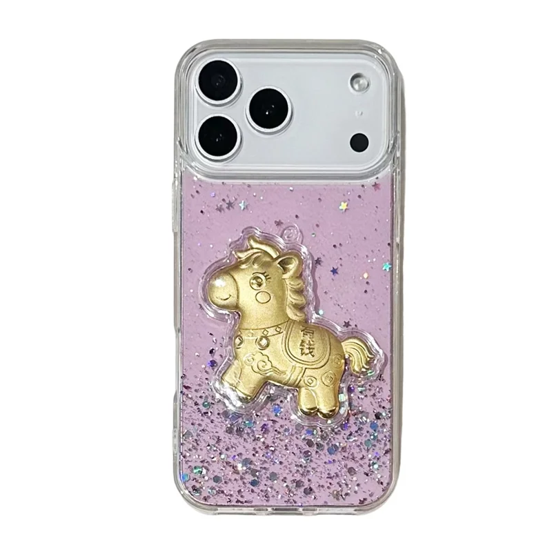 For iPhone 17 Pro Case Sparkling Glitter PC Phone Cover with Golden Horse Ornament - Purple