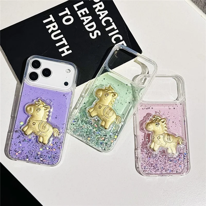 For iPhone 17 Pro Case Sparkling Glitter PC Phone Cover with Golden Horse Ornament - Purple