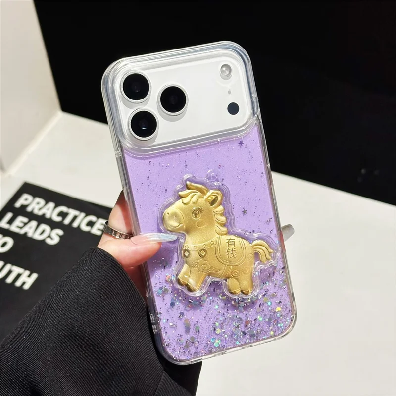 For iPhone 17 Pro Max Case Sparkling Glitter PC Phone Cover with Golden Horse Ornament - Purple