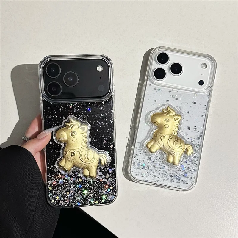 For iPhone 17 Pro Max Case Sparkling Glitter PC Phone Cover with Golden Horse Ornament - Purple