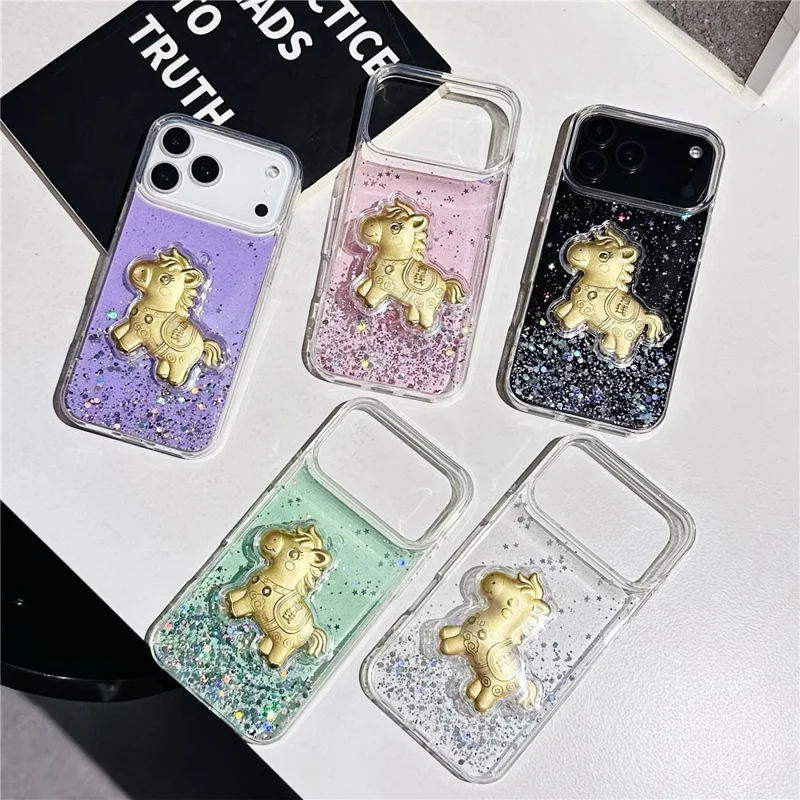 For iPhone 17 Pro Max Case Sparkling Glitter PC Phone Cover with Golden Horse Ornament - Purple
