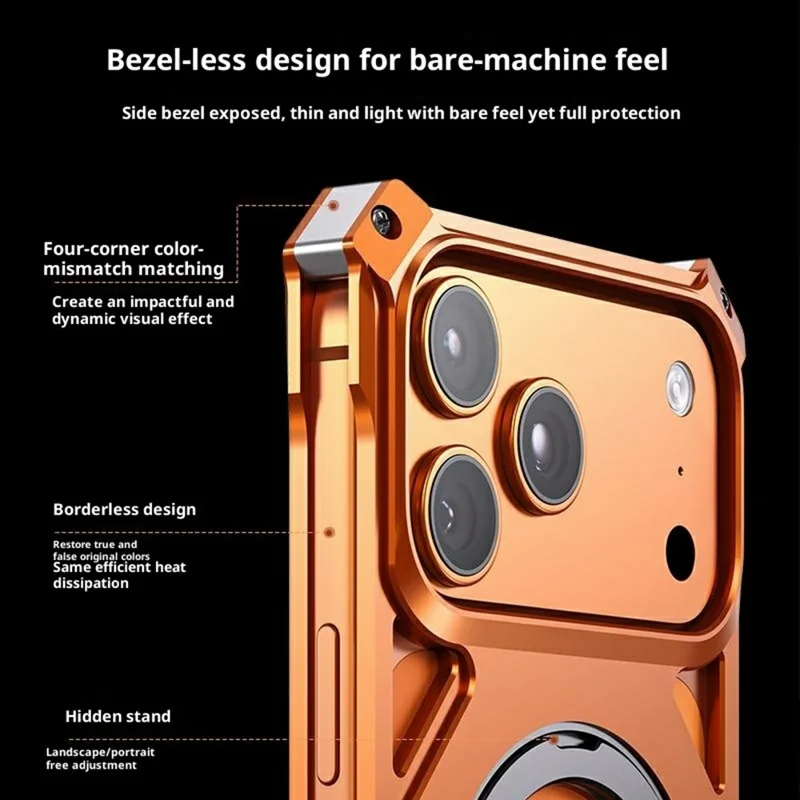 Custodia per iPhone 17 Pro Max con supporto Frameless in lega di alluminio + Paraurti in silicone - Arancione