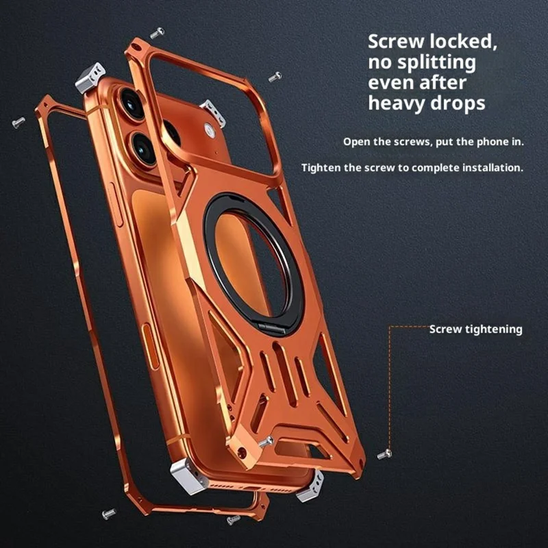 Custodia per iPhone 17 Pro Max con supporto Frameless in lega di alluminio + Paraurti in silicone - Arancione