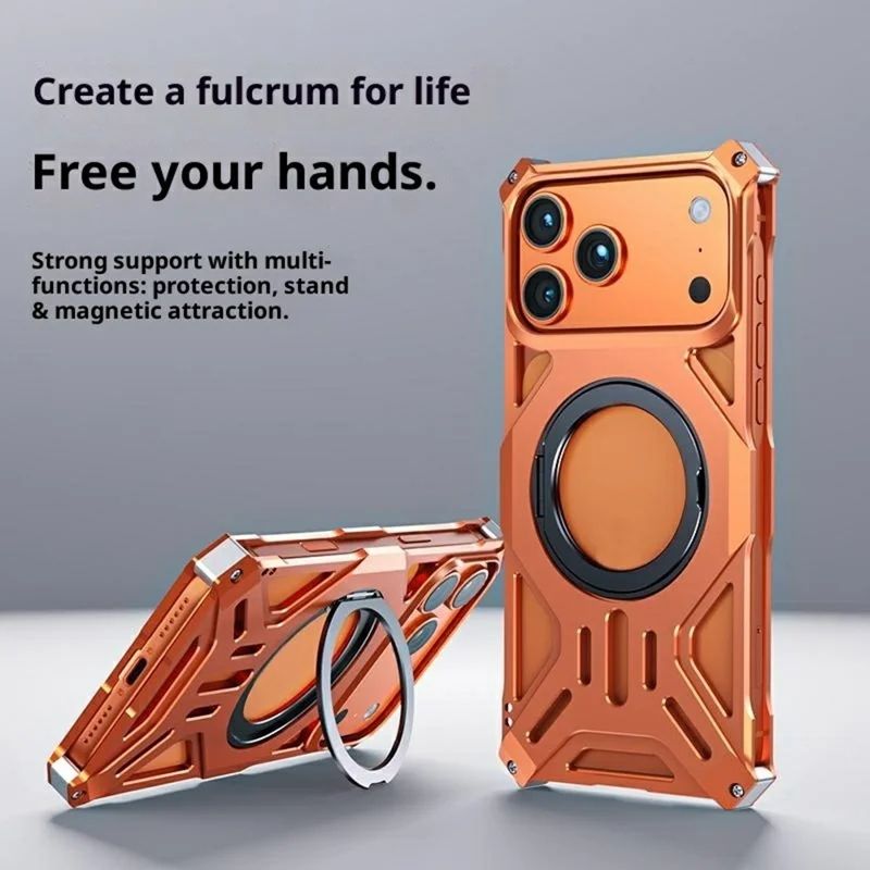 Étui pour iPhone 17 Pro Kickstand Frameless Alliage d'aluminium + Coque de protection en silicone - Orange