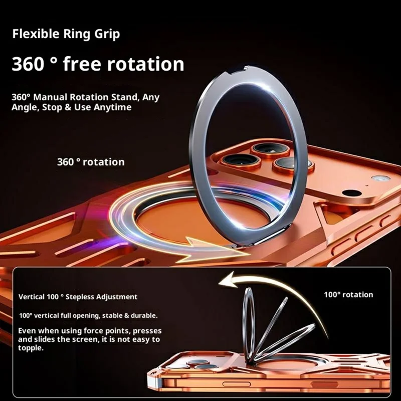 Étui pour iPhone 17 Pro Kickstand Frameless Alliage d'aluminium + Coque de protection en silicone - Orange