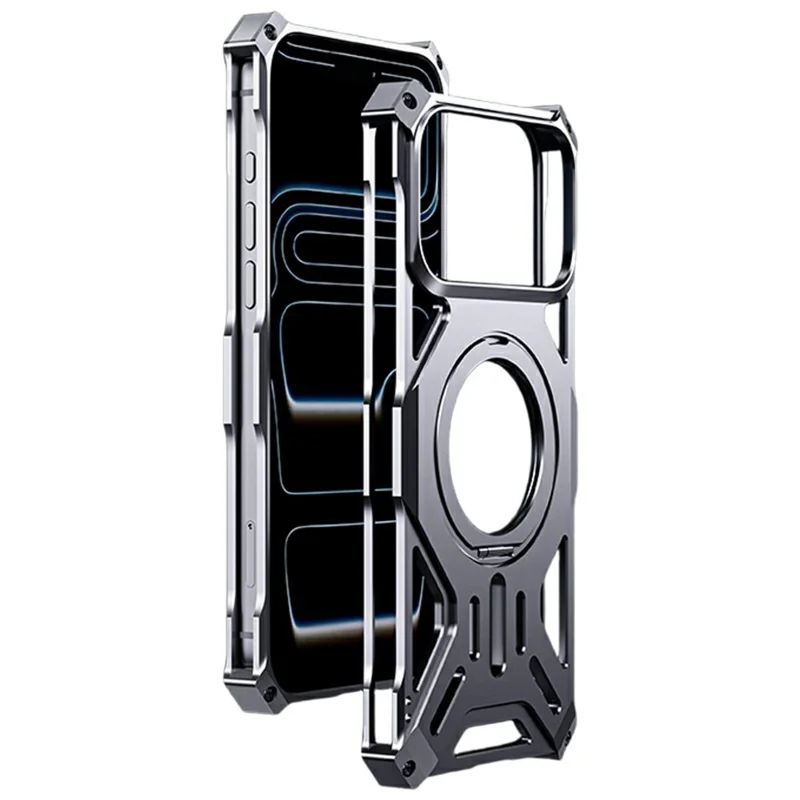 For iPhone 17 Pro Case Kickstand Frameless Aluminum Alloy + Silicone Phone Bumper Cover - Silver