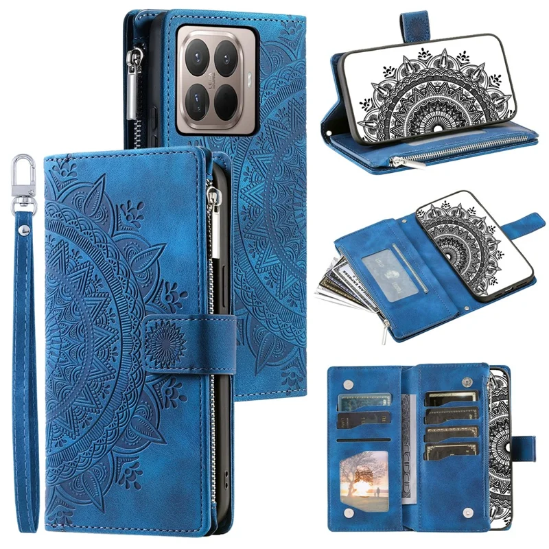 For Xiaomi 15T Pro Wallet Case Mandala Flower Pattern PU Leather Phone Cover with Wrist Strap - Blue