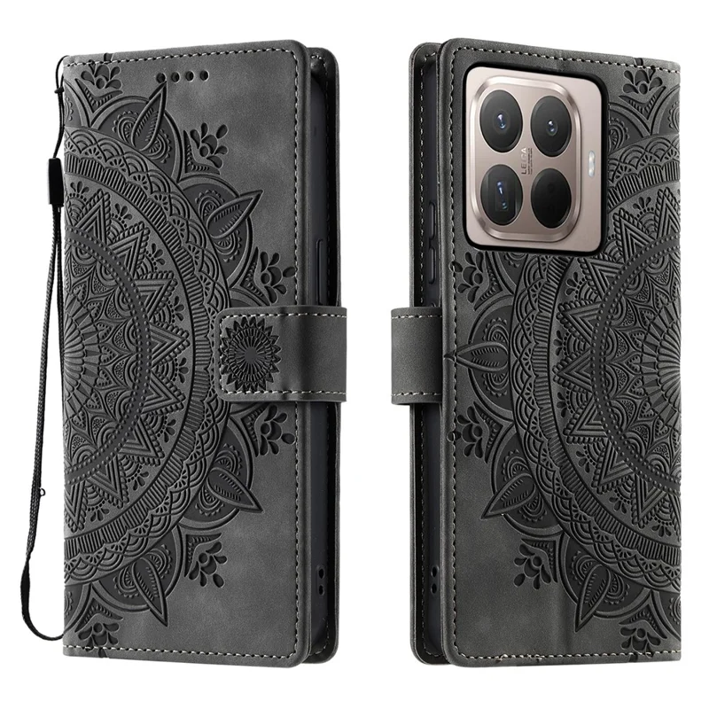 For Xiaomi 15T Pro Case Imprinted Totem Skin Feel Wallet Leather Phone Cover with Hand Strap - Grey