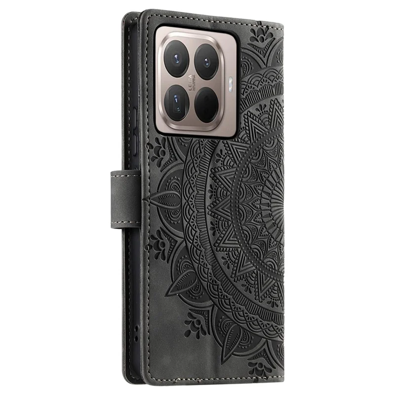 For Xiaomi 15T Pro Case Imprinted Totem Skin Feel Wallet Leather Phone Cover with Hand Strap - Grey