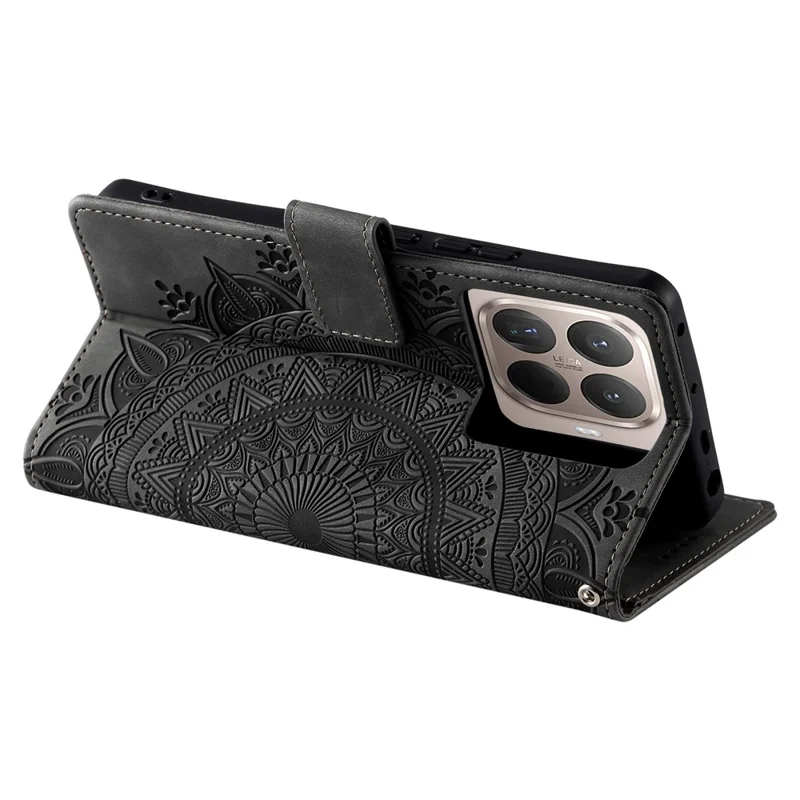 For Xiaomi 15T Pro Case Imprinted Totem Skin Feel Wallet Leather Phone Cover with Hand Strap - Grey