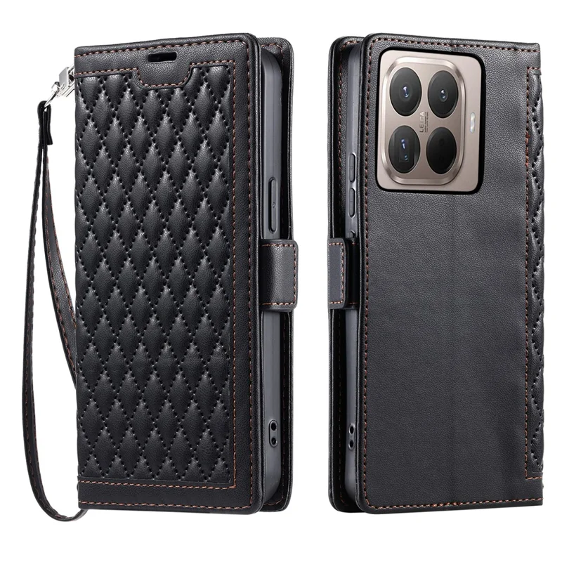 Xiaomi 15T Pro Lederetui Rautentextur Brieftasche Ständer Handyhülle mit Handgelenkriemen - Schwarz