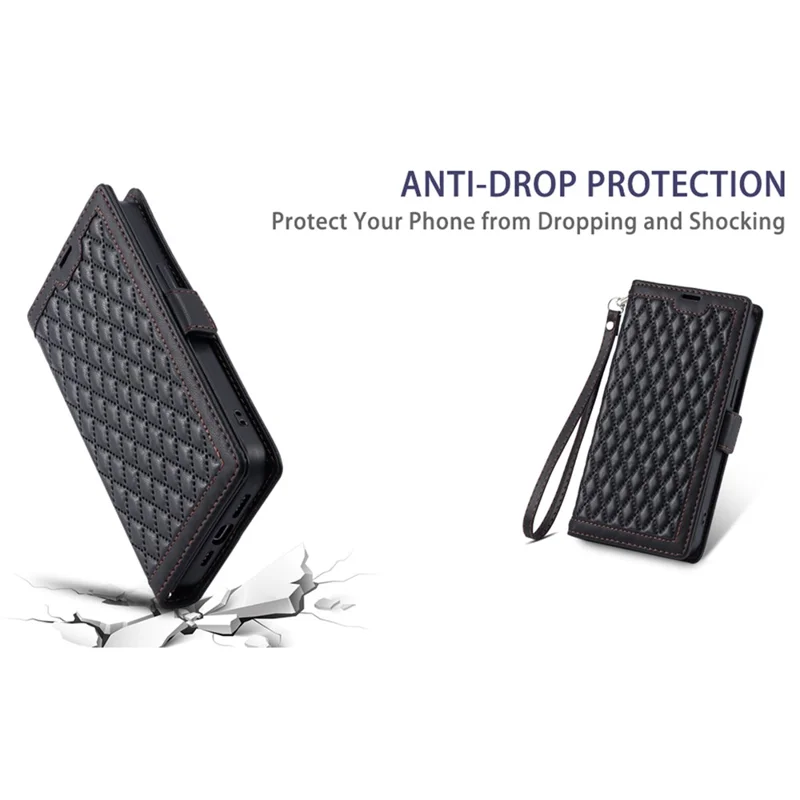 Xiaomi 15T Pro Lederetui Rautentextur Brieftasche Ständer Handyhülle mit Handgelenkriemen - Schwarz
