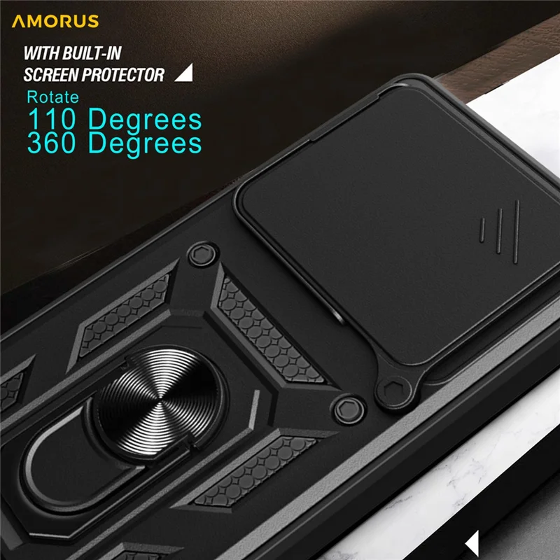 AMORUS Para Caso Xiaomi 15T Suporte Kickstand PC + Capa de Telefone TPU com Slider de Lente da Câmera - Preto