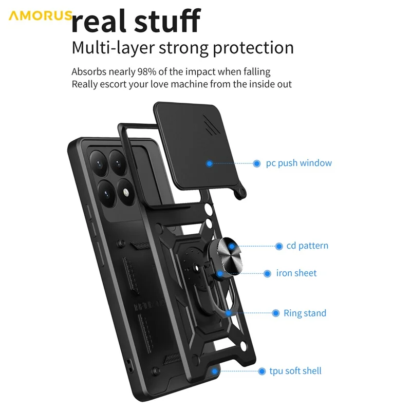 AMORUS Para Caso Xiaomi 15T Suporte Kickstand PC + Capa de Telefone TPU com Slider de Lente da Câmera - Preto