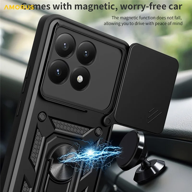 AMORUS Para Caso Xiaomi 15T Suporte Kickstand PC + Capa de Telefone TPU com Slider de Lente da Câmera - Preto