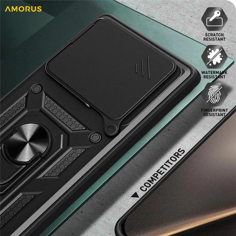 AMORUS Para Caso Xiaomi 15T Suporte Kickstand PC + Capa de Telefone TPU com Slider de Lente da Câmera - Preto