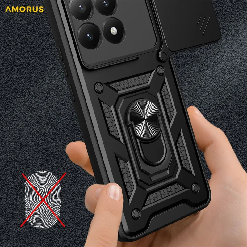 AMORUS Para Caso Xiaomi 15T Suporte Kickstand PC + Capa de Telefone TPU com Slider de Lente da Câmera - Preto