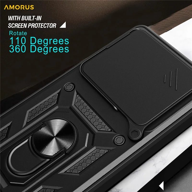 AMORUS Per Xiaomi 15T Pro Custodia Supporto PC + TPU Copertura Telefono con Slider Obiettivo Fotocamera - Nero