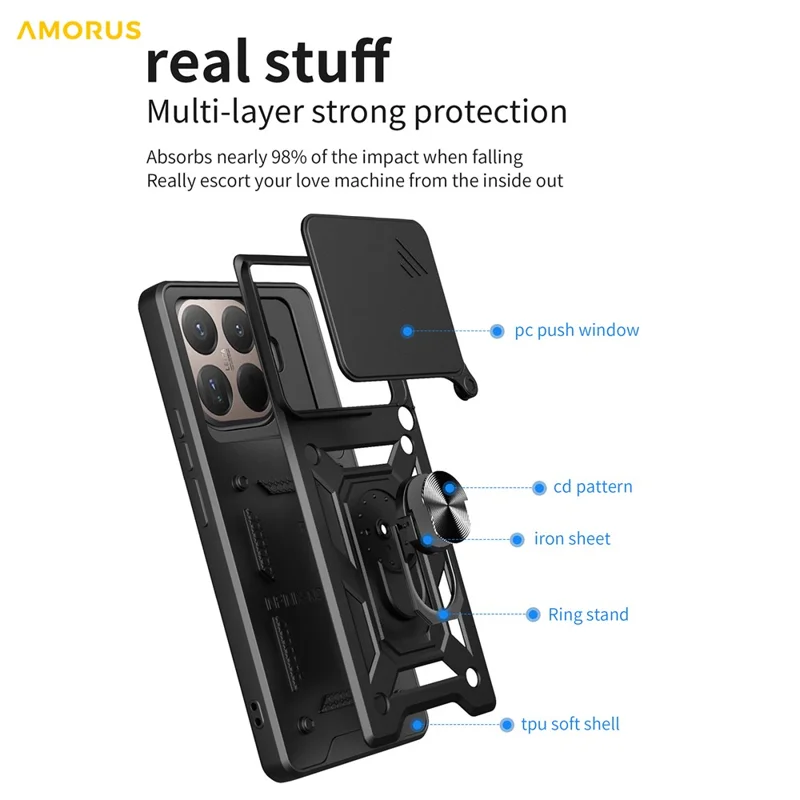 AMORUS Per Xiaomi 15T Pro Custodia Supporto PC + TPU Copertura Telefono con Slider Obiettivo Fotocamera - Nero