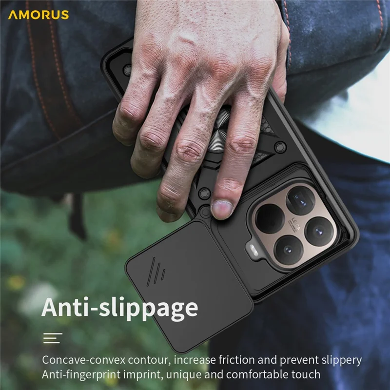 AMORUS Per Xiaomi 15T Pro Custodia Supporto PC + TPU Copertura Telefono con Slider Obiettivo Fotocamera - Nero