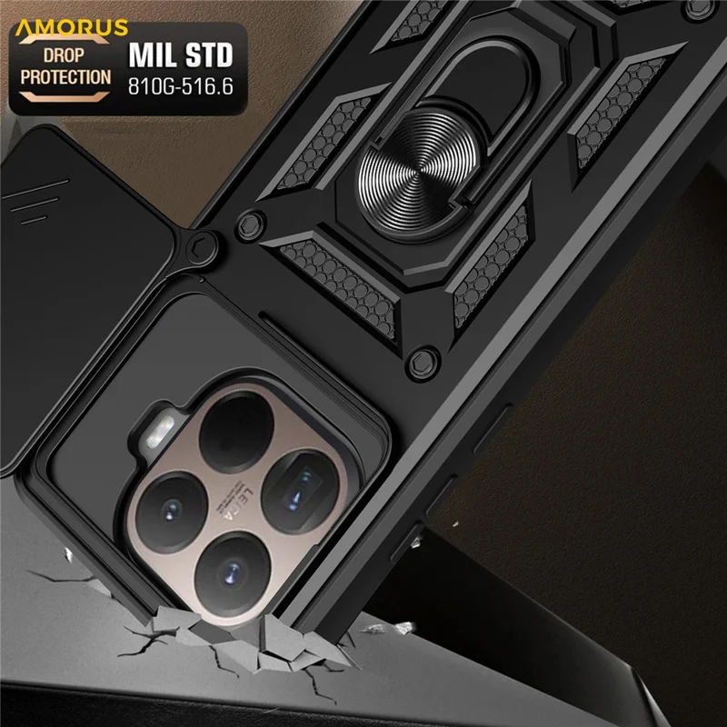 AMORUS Per Xiaomi 15T Pro Custodia Supporto PC + TPU Copertura Telefono con Slider Obiettivo Fotocamera - Nero