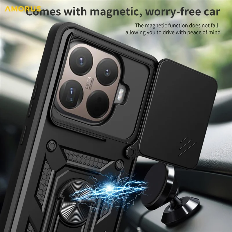 AMORUS Per Xiaomi 15T Pro Custodia Supporto PC + TPU Copertura Telefono con Slider Obiettivo Fotocamera - Nero