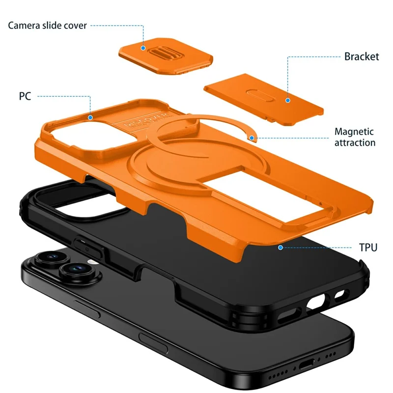 Bulk Purchasing For iPhone 17 Magnetic Phone Case PC + TPU Cover with Hidden Kickstand and Sliding Camera Cover - Orange