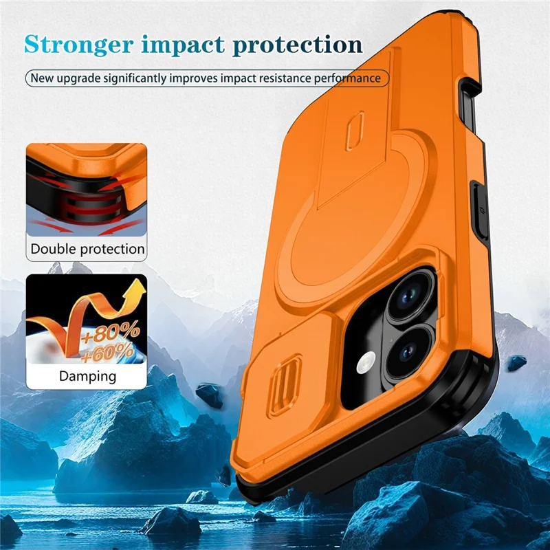 Bulk Purchasing For iPhone 17 Magnetic Phone Case PC + TPU Cover with Hidden Kickstand and Sliding Camera Cover - Orange