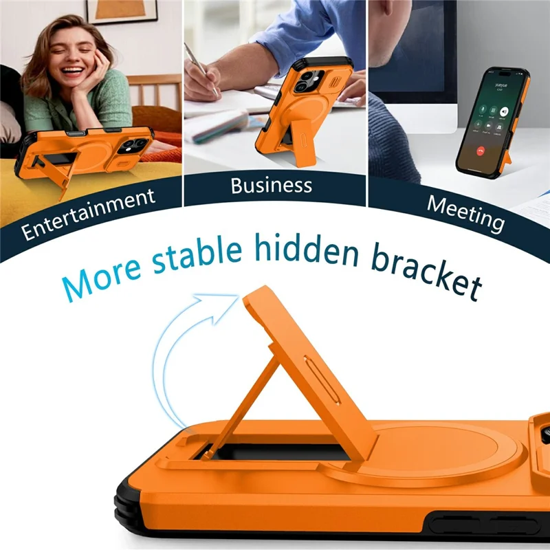 Bulk Purchasing For iPhone 17 Magnetic Phone Case PC + TPU Cover with Hidden Kickstand and Sliding Camera Cover - Orange