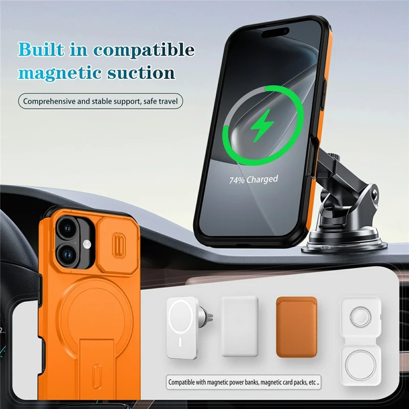 Bulk Purchasing For iPhone 17 Magnetic Phone Case PC + TPU Cover with Hidden Kickstand and Sliding Camera Cover - Orange