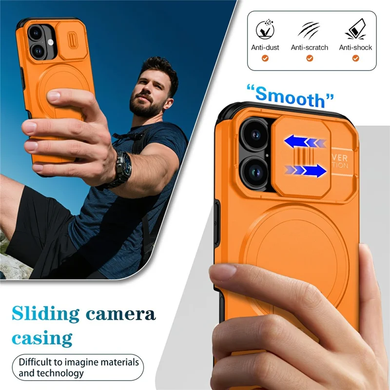 Bulk Purchasing For iPhone 17 Magnetic Phone Case PC + TPU Cover with Hidden Kickstand and Sliding Camera Cover - Orange