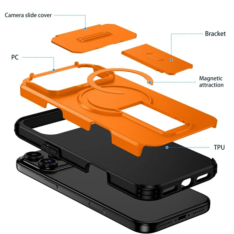 Bulk Purchasing For iPhone 17 Pro Magnetic Phone Case PC + TPU Cover with Hidden Kickstand and Sliding Camera Cover - Orange