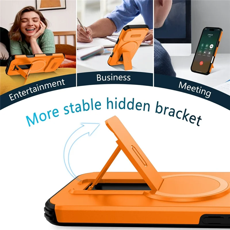 Bulk Purchasing For iPhone 17 Pro Magnetic Phone Case PC + TPU Cover with Hidden Kickstand and Sliding Camera Cover - Orange