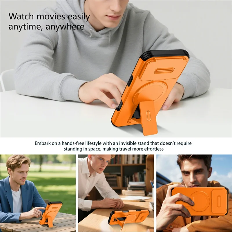 Bulk Purchasing For iPhone 17 Pro Magnetic Phone Case PC + TPU Cover with Hidden Kickstand and Sliding Camera Cover - Orange