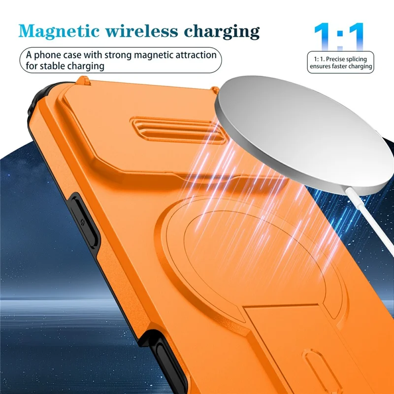 Bulk Purchasing For iPhone 17 Pro Magnetic Phone Case PC + TPU Cover with Hidden Kickstand and Sliding Camera Cover - Orange