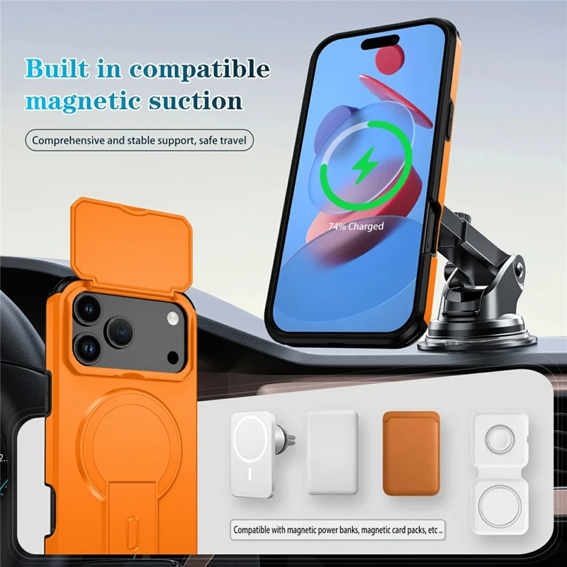 Bulk Purchasing For iPhone 17 Pro Magnetic Phone Case PC + TPU Cover with Hidden Kickstand and Sliding Camera Cover - Orange