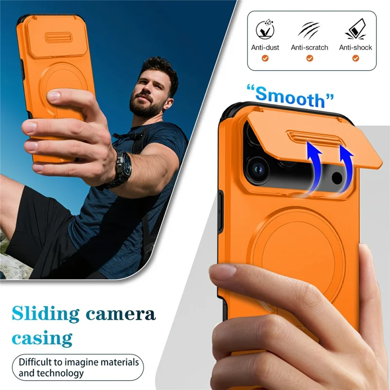 Bulk Purchasing For iPhone 17 Pro Magnetic Phone Case PC + TPU Cover with Hidden Kickstand and Sliding Camera Cover - Orange
