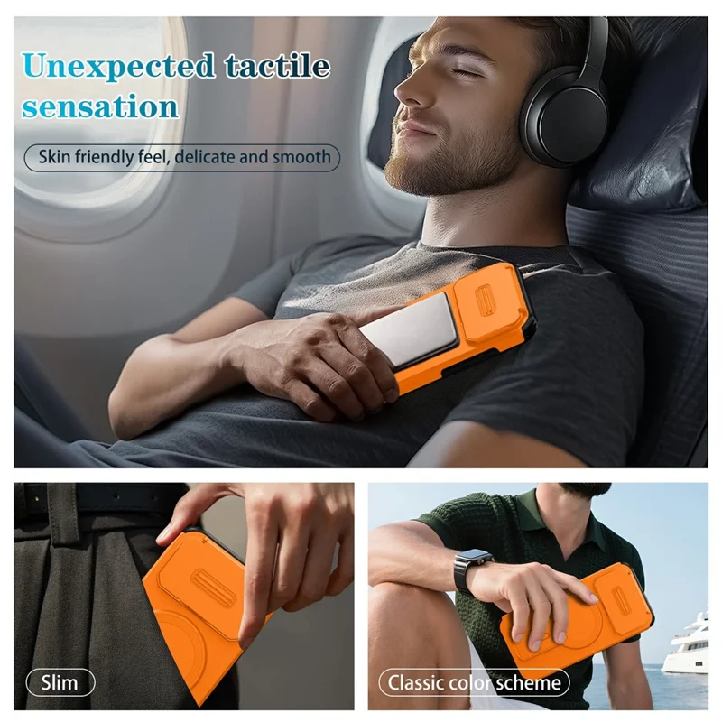 Bulk Purchasing For iPhone 17 Pro Magnetic Phone Case PC + TPU Cover with Hidden Kickstand and Sliding Camera Cover - Orange