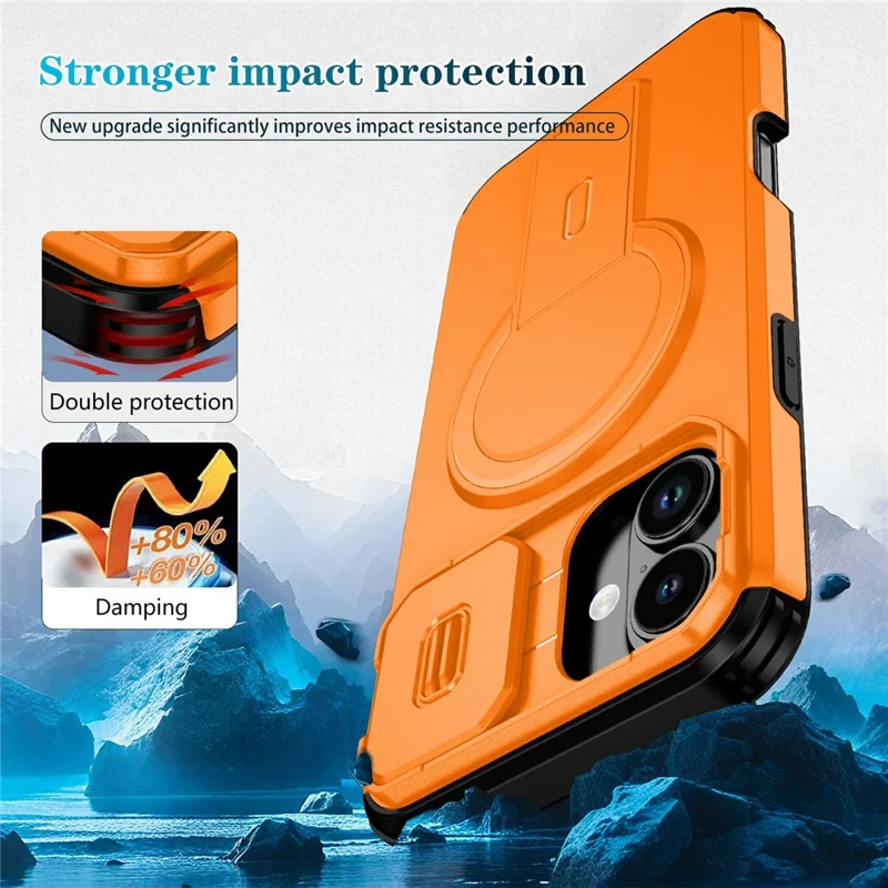 Bulk Purchasing For iPhone 16 Magnetic Phone Case PC + TPU Cover with Hidden Kickstand and Sliding Camera Cover - Orange