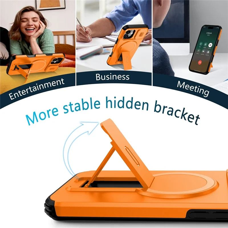 Bulk Purchasing For iPhone 16 Magnetic Phone Case PC + TPU Cover with Hidden Kickstand and Sliding Camera Cover - Orange