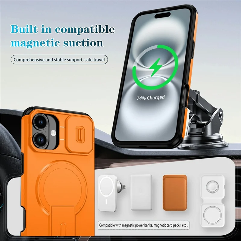 Bulk Purchasing For iPhone 16 Magnetic Phone Case PC + TPU Cover with Hidden Kickstand and Sliding Camera Cover - Orange